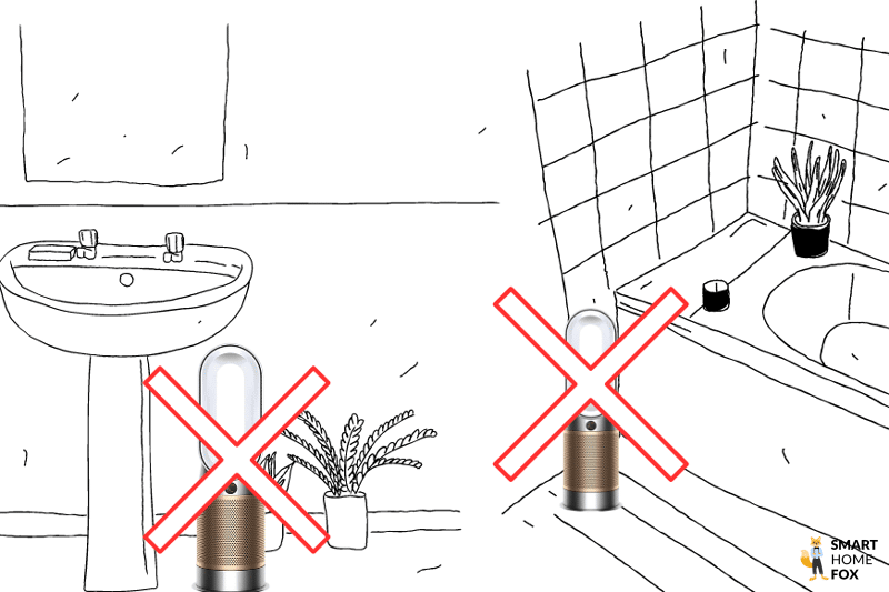 Der Dyson Purifier Hot+Cool Formaldehyde HP09 sollte im Badezimmer nicht direkt neben dem Waschbecken oder der Badewanne aufgrund des Spritzwassers aufgestellt werden.